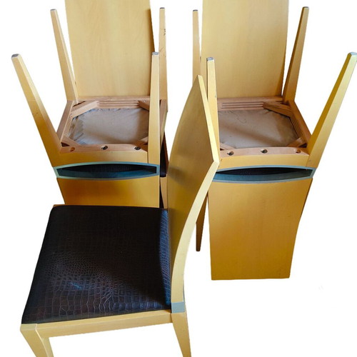 Dining chairs used, pack of 6, natural color, wood with leatherette and metal detail