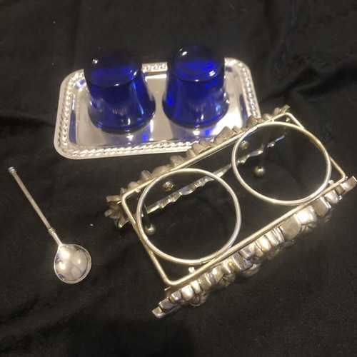 Vintage Art Nouveau salt and pepper set with cobalt blue glass, like new