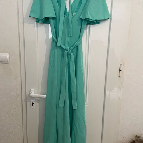 Wendy vintage 70s crimpolene maxi dress used, mint green with beige crochet