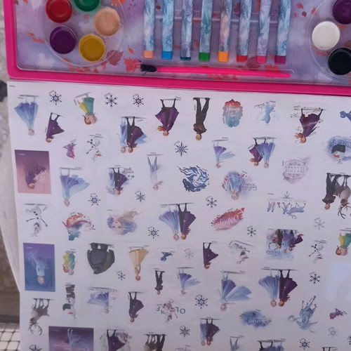 Large painting pad with watercolors and crayons used, Frozen theme