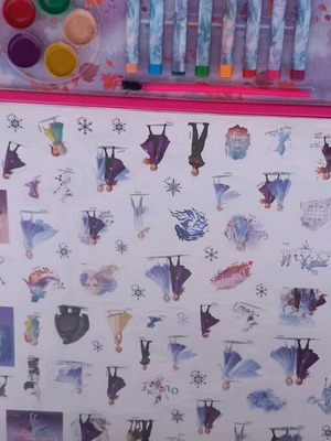 Large painting pad with watercolors and crayons used, Frozen theme