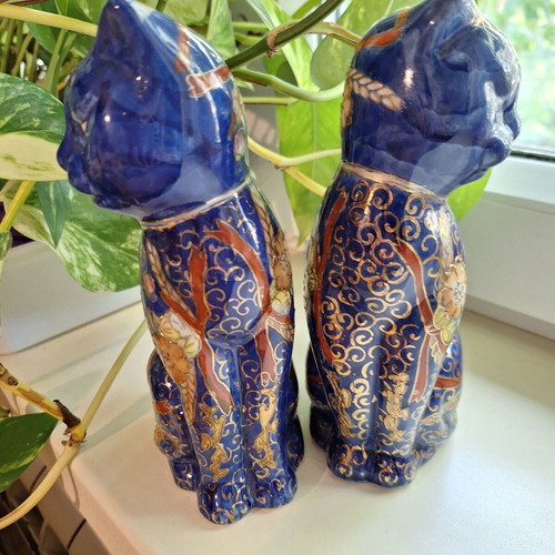 Decorative ceramic cats like new, hand-painted blue with gold ornaments