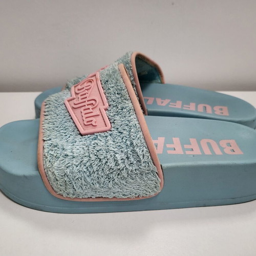 Buffalo slides used, blue with pink logo, terry cloth