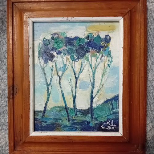 Original oil painting "Landscape in Blue" by Krasimir Doychev with wooden frame