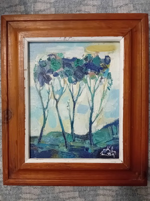 Original oil painting "Landscape in Blue" by Krasimir Doychev with wooden frame