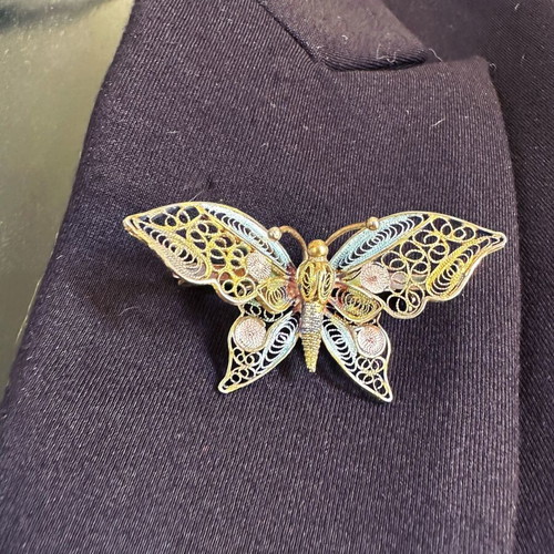 Vintage silver filigree butterfly brooch Art Deco 1930s used