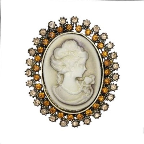 Vintage style cameo brooch with amber and white crystals new