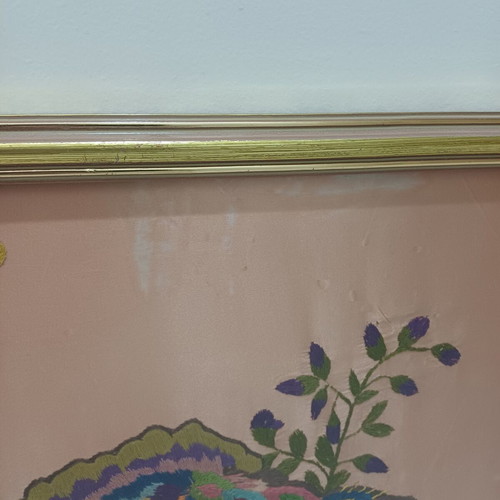 Asymmetrical embroidered paintings with peacocks used, set of two