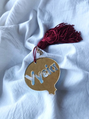 Handmade plexi charm with metal elements and tassel made to order