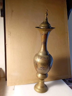 Brass decorative vintage vase used, 50cm height with lid