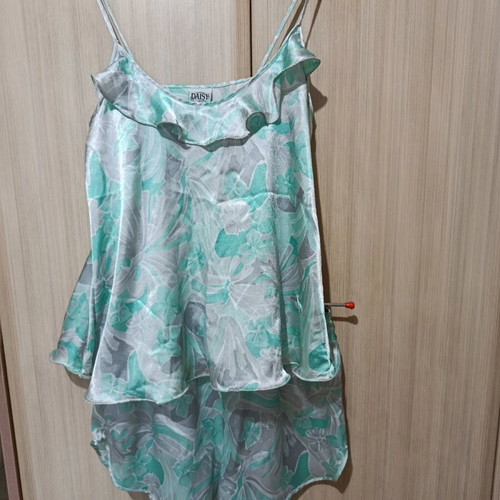 Daisy satin pajamas like new, gray turquoise with ruffles