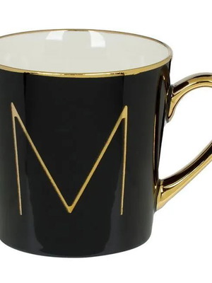 Κούπα Μαύρη Τριγωνική Καινούργια με Χρυσό Μονόγραμμα Μ και Χερούλι 460ml
