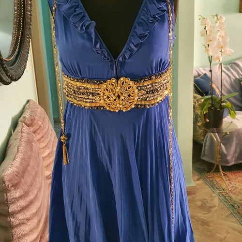 Women's dress like new, electric blue with gold designs and embroidered belt