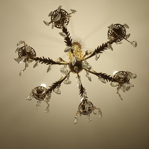 Chandelier, brass with crystals
