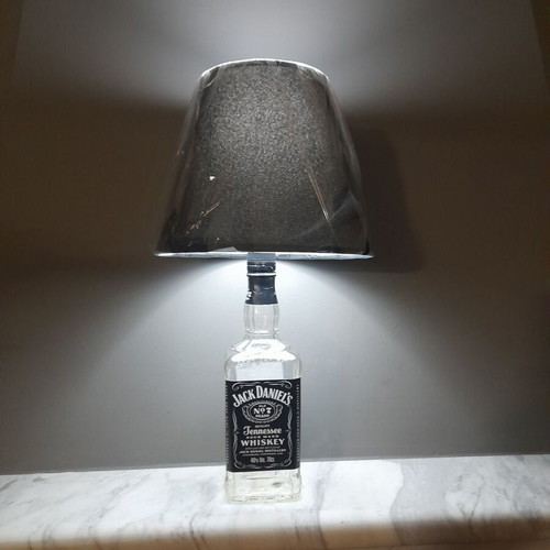 Table lamp Jack Daniel's bottle with rechargeable USB bulb and black fabric shade