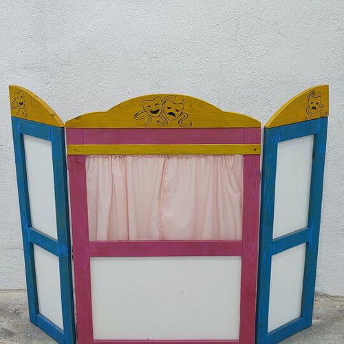 Handmade wooden puppet theater like new, foldable with figures