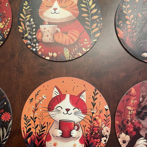 Set of 6 wooden cat coasters