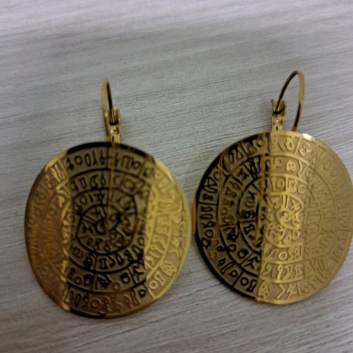 Steel earrings new, gold-colored Phaistos disc design