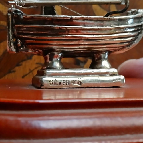 Silver decorative boat like new on wooden base 925