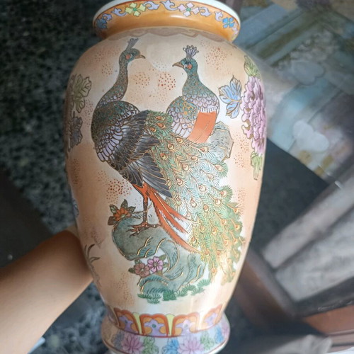 Handmade porcelain vase with peacocks vintage decoration