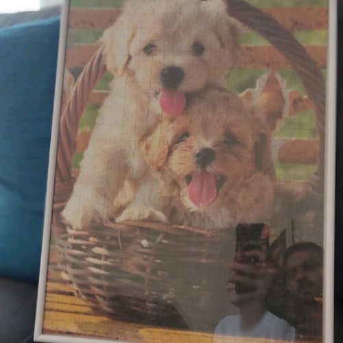 Puzzle in frame with two puppies in a basket handmade like new