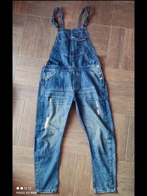 Pink Woman denim overalls like new, size 40, blue with rips