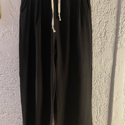 Black wide-leg pants with elastic waist and drawstring, size L-XL