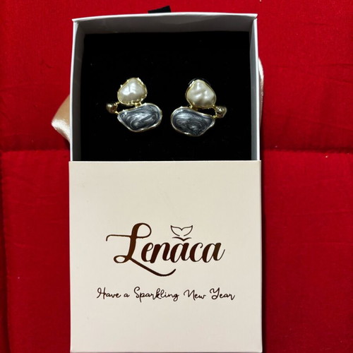 Lenaca Taki earrings gold plated with blue enamel and pearl new