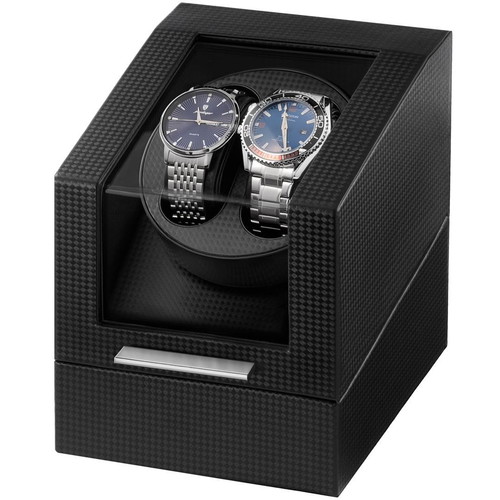 Double Watch Winder Box with Silent Motor, USB Charging, Carbon Fiber
