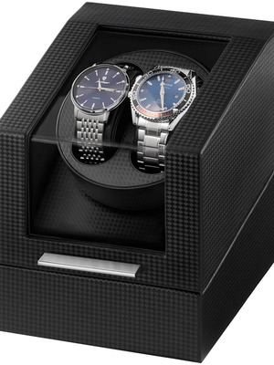 Double Watch Winder Box with Silent Motor, USB Charging, Carbon Fiber