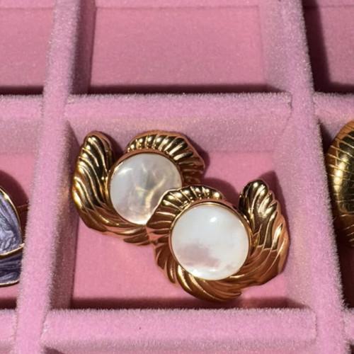 Stainless steel earrings new, gold with white marble