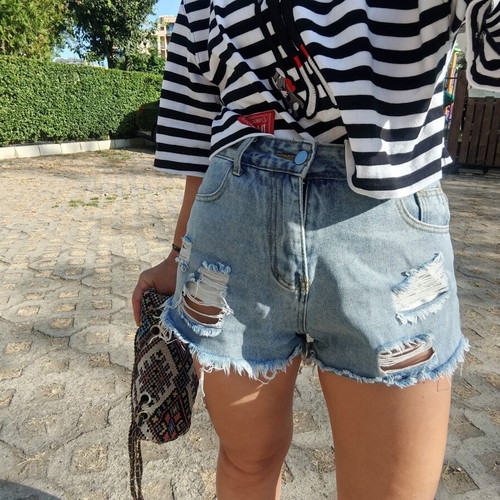 Women's denim shorts, size S-M, blue and turquoise