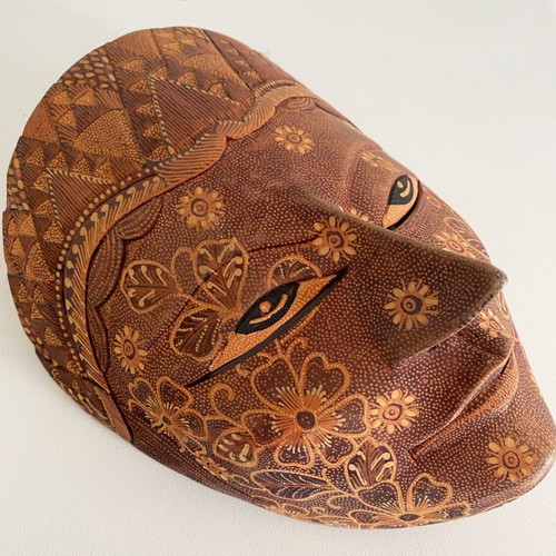 Wooden Batik Handmade Wall Mask with Flowers Indonesian Style like new