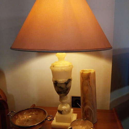 Vintage Onyx Marble Set Made in Italy with Lamp, Vase, Bowl & Ashtray