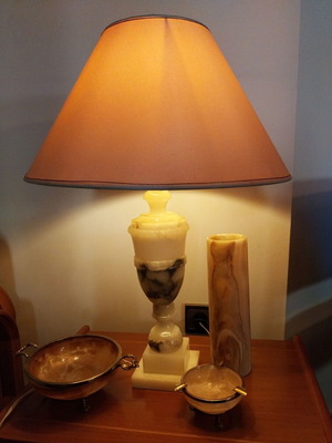 Vintage Onyx Marble Set Made in Italy with Lamp, Vase, Bowl & Ashtray