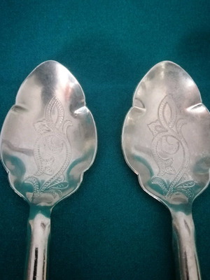 Vintage large carved salad spoons used, alpaca with wooden handle