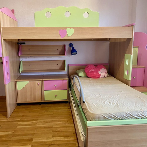 Children's bedroom furniture set, natural wood with green and pink details