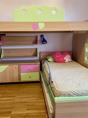 Children's bedroom furniture set, natural wood with green and pink details