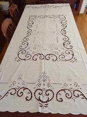 Handmade cutwork tablecloth used, 180 x 210 cm
