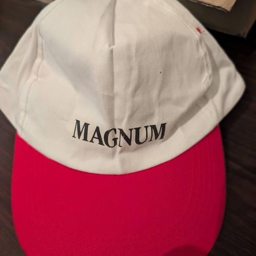 Magnum snapback hat, white crown with red brim, vintage