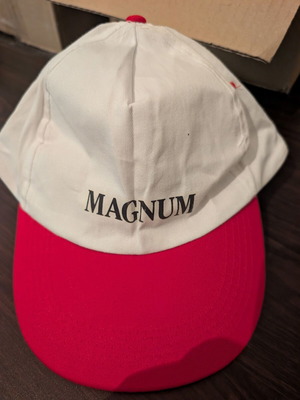 Magnum snapback hat, white crown with red brim, vintage