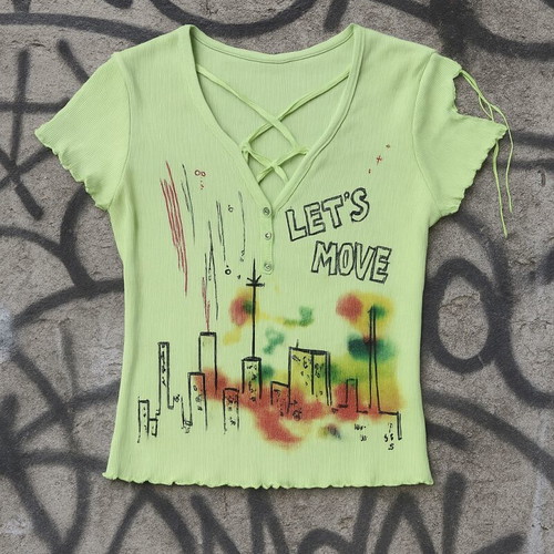 Replay Y2K Lime Ribbed Graphic Top XS Like New