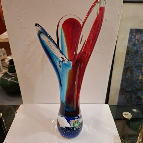 Γυάλινο βάζο Murano mid-century modern μεταχειρισμένο, βάση paperweight, 32 εκ.