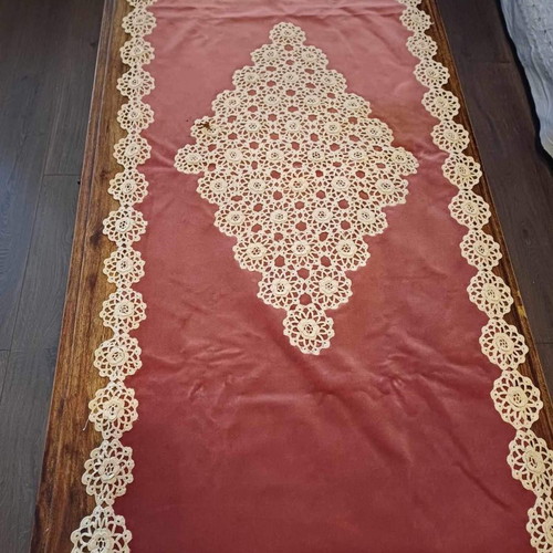 Handmade crochet motifs on refurbished velvet, pink salmon