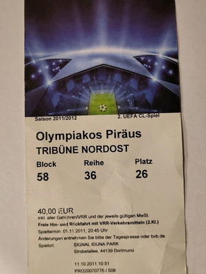 Dortmund-Olympiakos Champions League 2011-12 ticket used