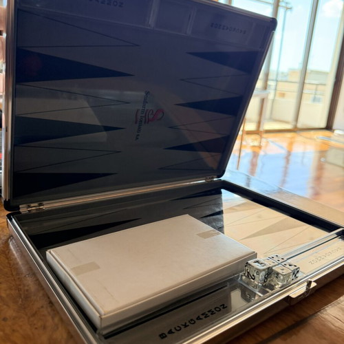 Seafarim Ionian S.A. vintage backgammon set in aluminum case