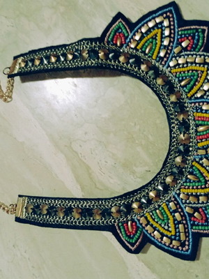 Boho necklace new, soft fabric embroidered with beads