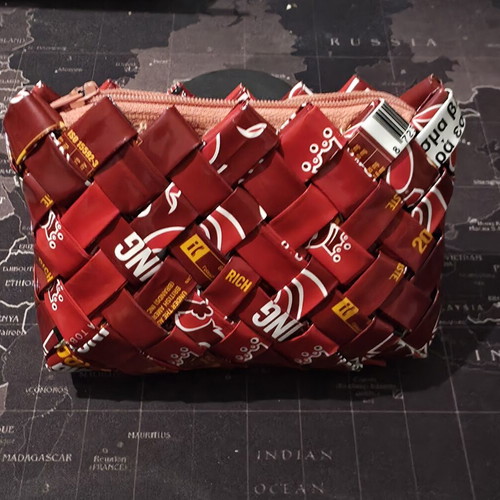Handmade waterproof toiletry bag from recycled cigarette packs like new, red