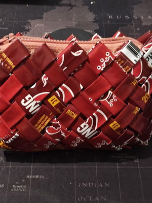 Handmade waterproof toiletry bag from recycled cigarette packs like new, red