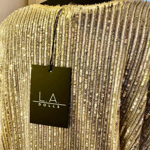 L.A. Dolls gold evening dress new, medium size with elastic waist